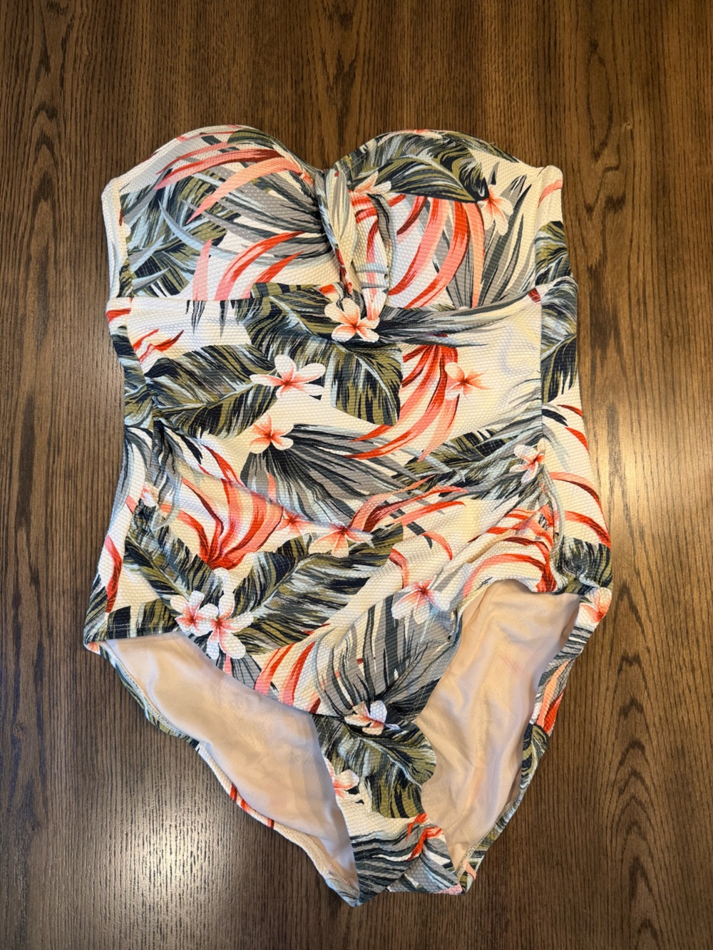 Kona Sol Floral One-Piece Swimsuit in White, Coral & Green Size L